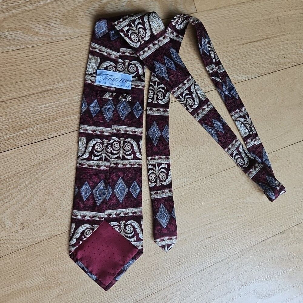 Fratelli 100% Silk Handmade In Italy Grecian Look Maroon Gray Black Men’s Tie - Picture 4 of 7